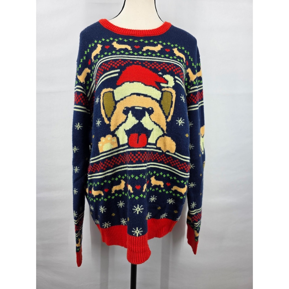 Geeknet Christmas Sweater XL Navy Blue Bulldog Santa Hat Fair Isle Holiday Mens